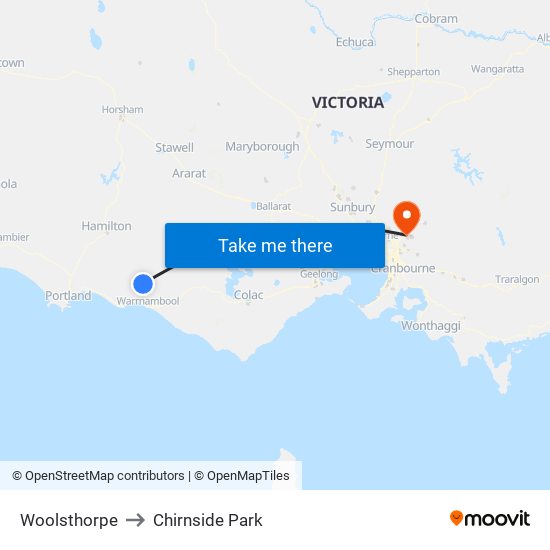 Woolsthorpe to Chirnside Park map