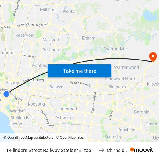 1-Flinders Street Railway Station/Elizabeth St (Melbourne City) to Chirnside Park map