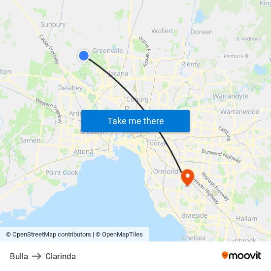 Bulla to Clarinda map