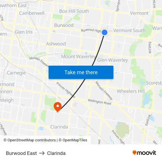 Burwood East to Clarinda map