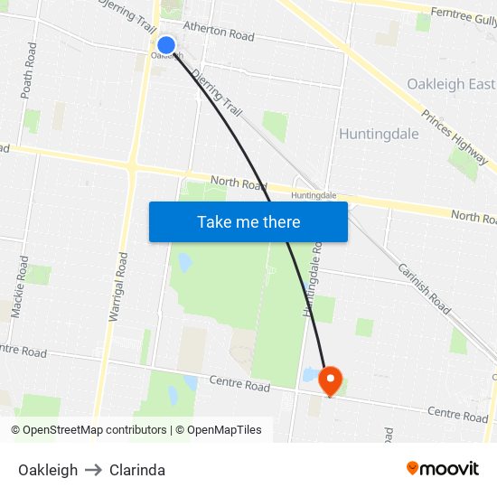 Oakleigh to Clarinda map