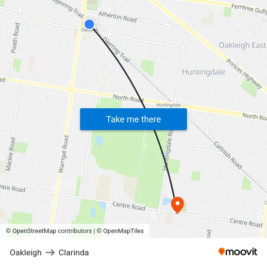 Oakleigh to Clarinda map
