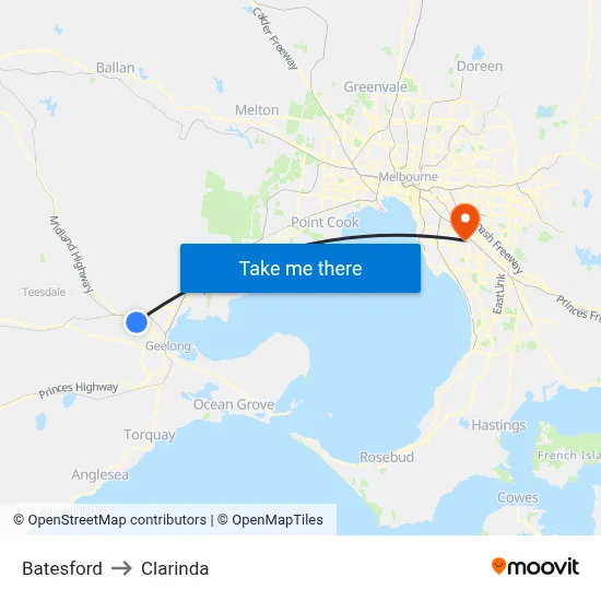 Batesford to Clarinda map