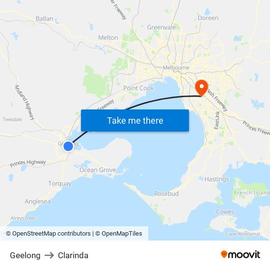 Geelong to Clarinda map