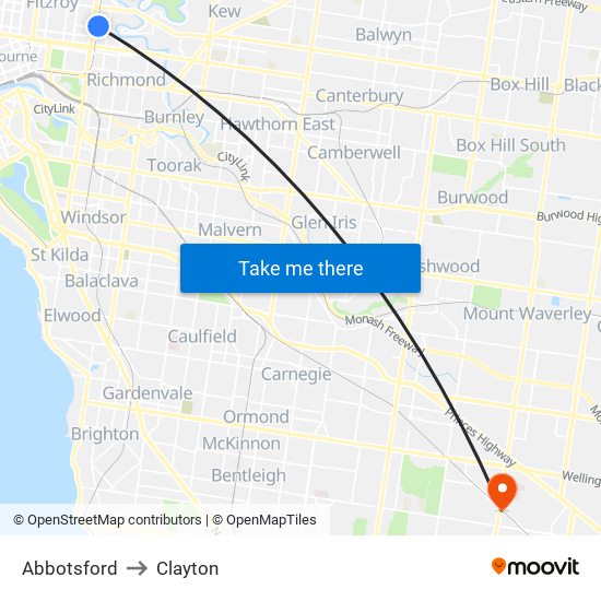Abbotsford to Clayton map