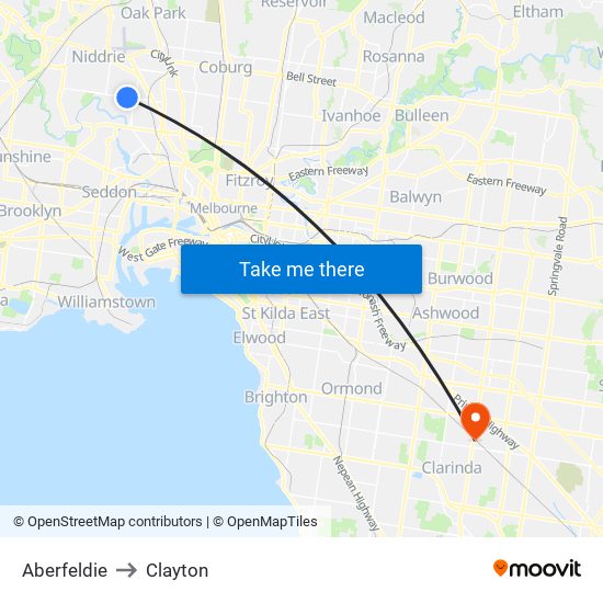 Aberfeldie to Clayton map