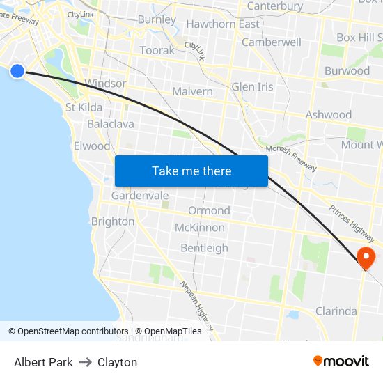 Albert Park to Clayton map