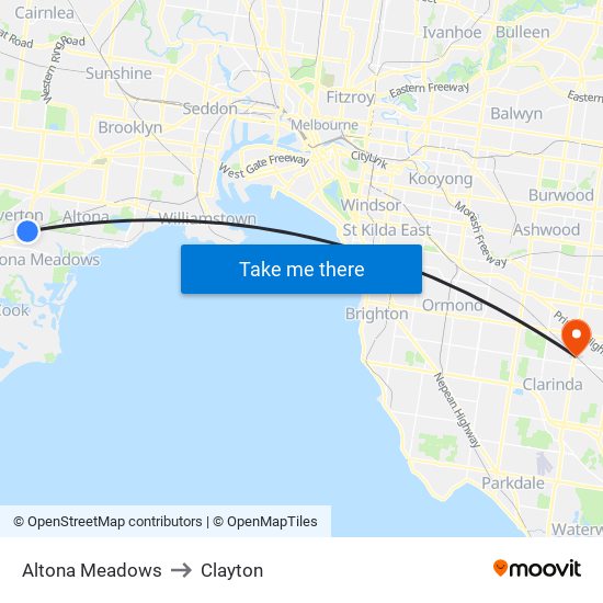 Altona Meadows to Clayton map