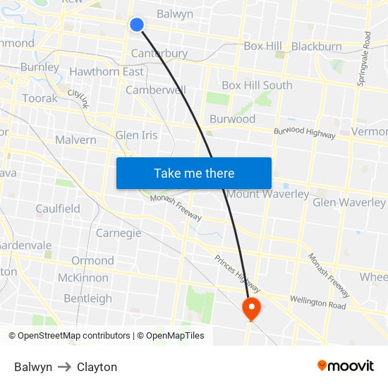 Balwyn to Clayton map