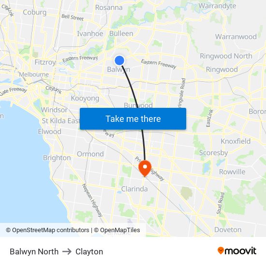 Balwyn North to Clayton map