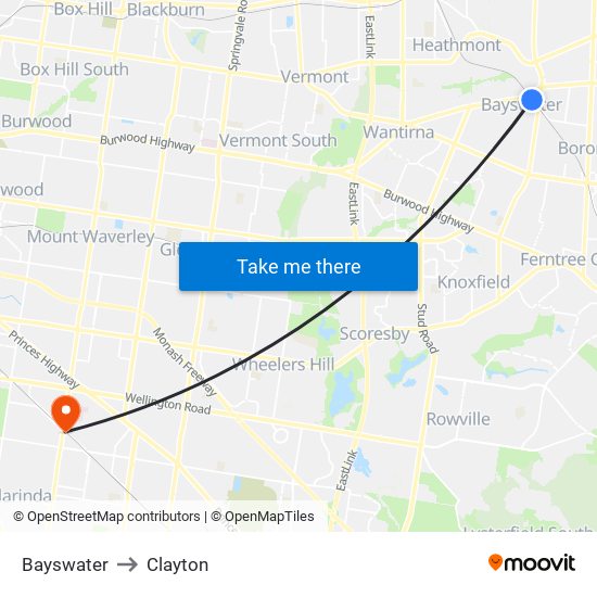 Bayswater to Clayton map