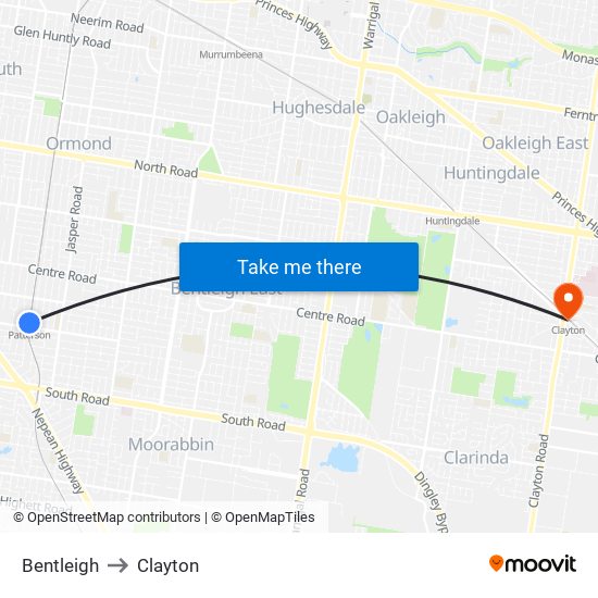 Bentleigh to Clayton map