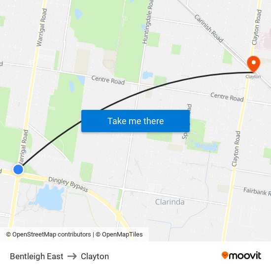 Bentleigh East to Clayton map