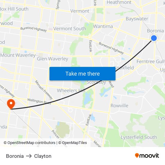 Boronia to Clayton map