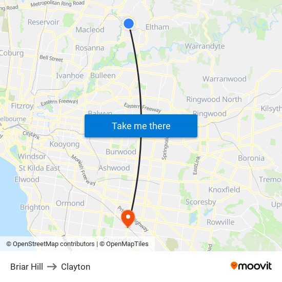 Briar Hill to Clayton map