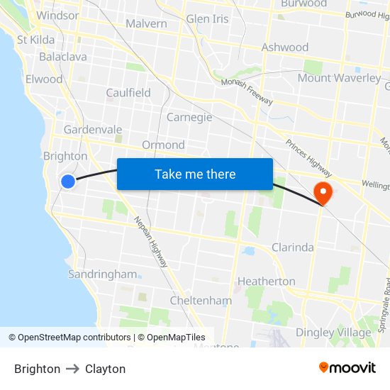 Brighton to Clayton map