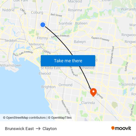 Brunswick East to Clayton map