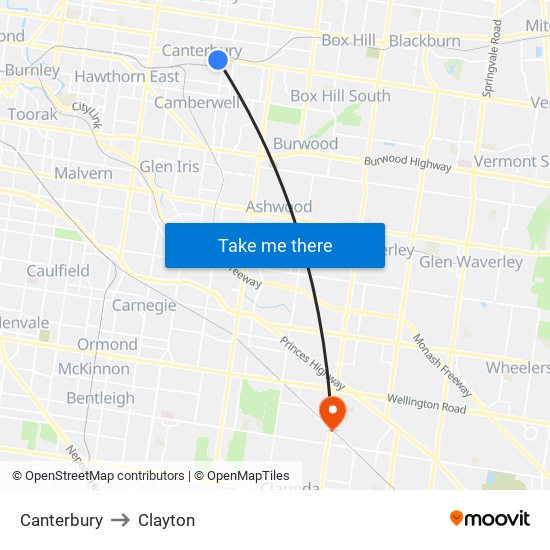 Canterbury to Clayton map