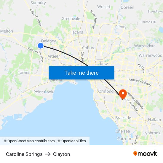 Caroline Springs to Clayton map