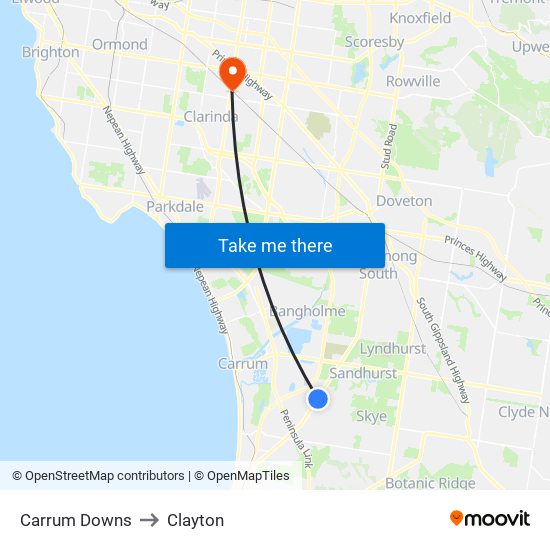 Carrum Downs to Clayton map