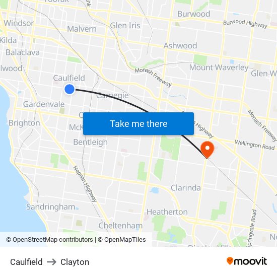 Caulfield to Clayton map