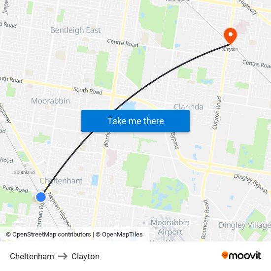 Cheltenham to Clayton map