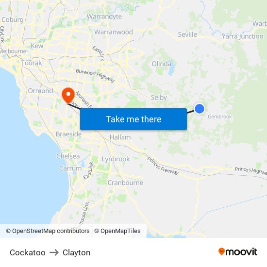Cockatoo to Clayton map