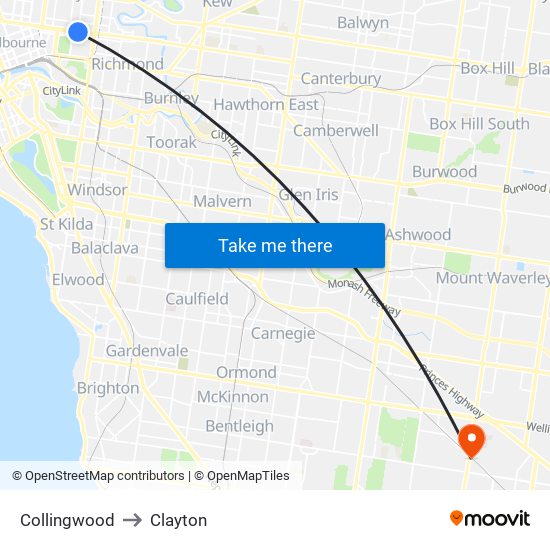 Collingwood to Clayton map