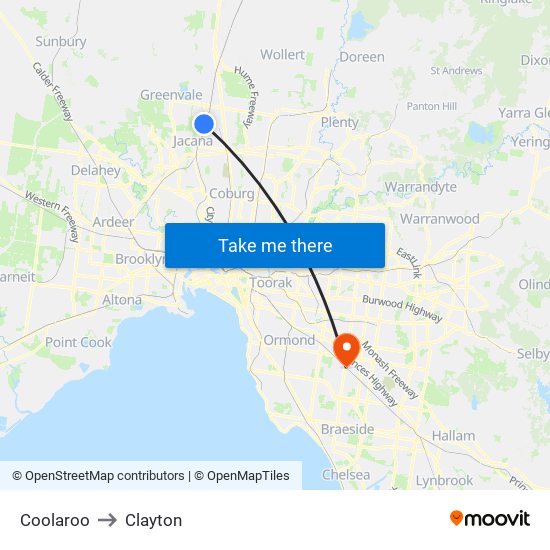 Coolaroo to Clayton map