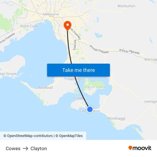 Cowes to Clayton map