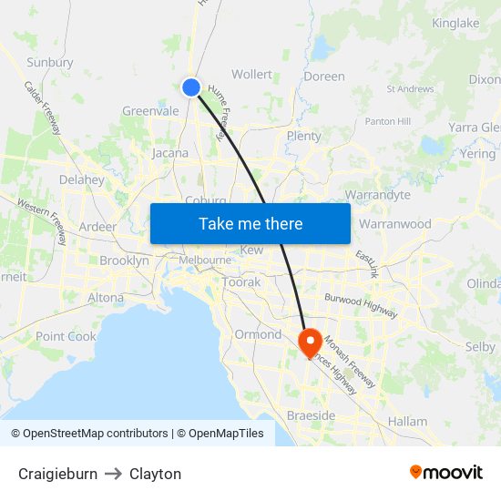 Craigieburn to Clayton map