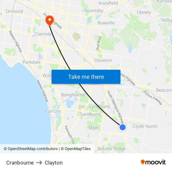 Cranbourne to Clayton map