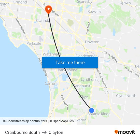 Cranbourne South to Clayton map