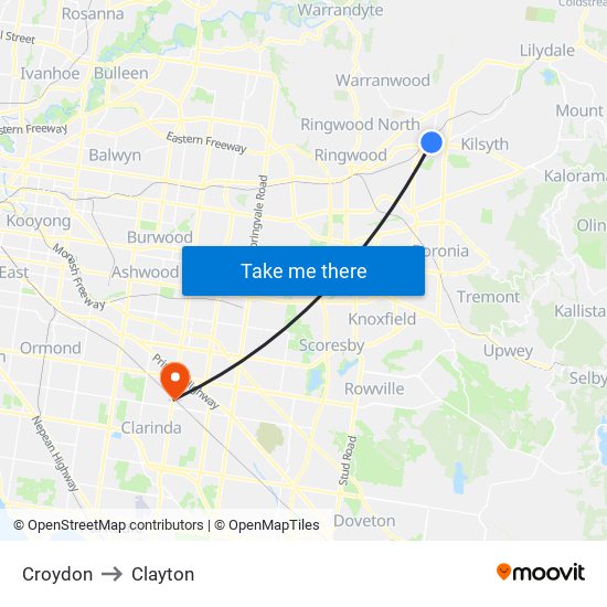 Croydon to Clayton map