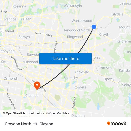Croydon North to Clayton map