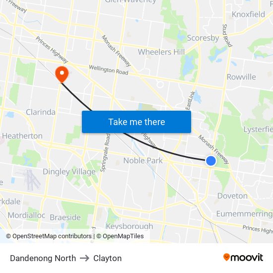 Dandenong North to Clayton map