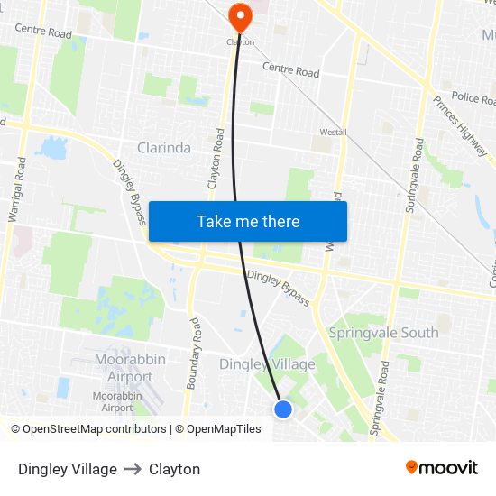 Dingley Village to Clayton map