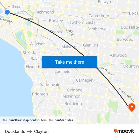 Docklands to Clayton map