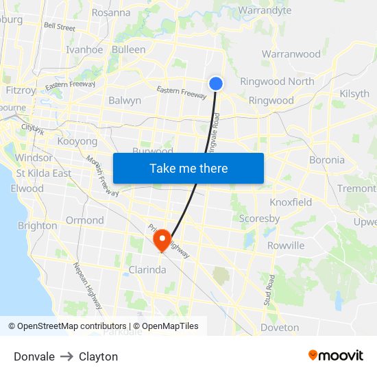 Donvale to Clayton map