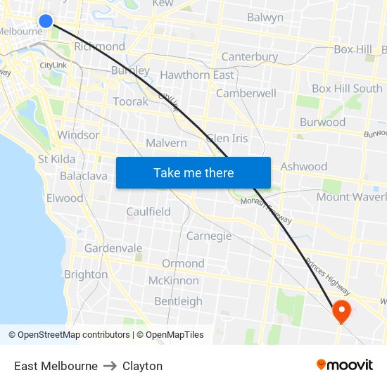 East Melbourne to Clayton map