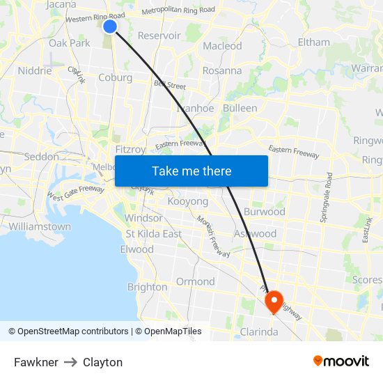 Fawkner to Clayton map