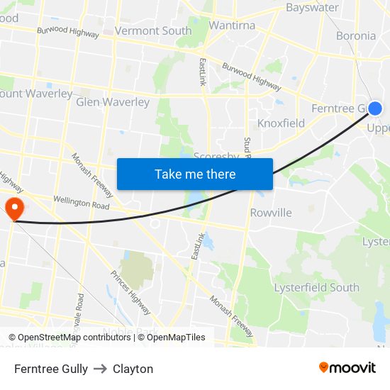 Ferntree Gully to Clayton map