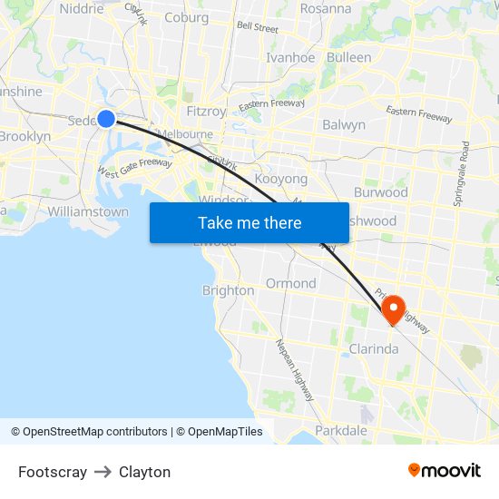 Footscray to Clayton map