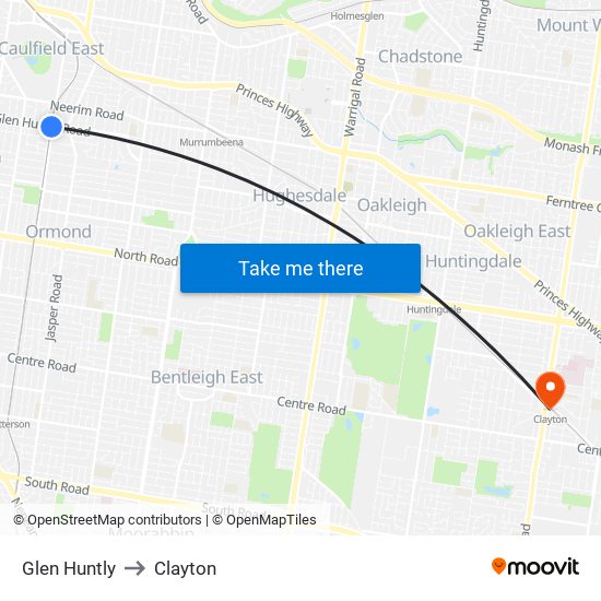 Glen Huntly to Clayton map