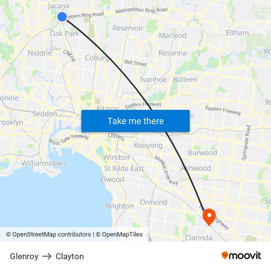 Glenroy to Clayton map