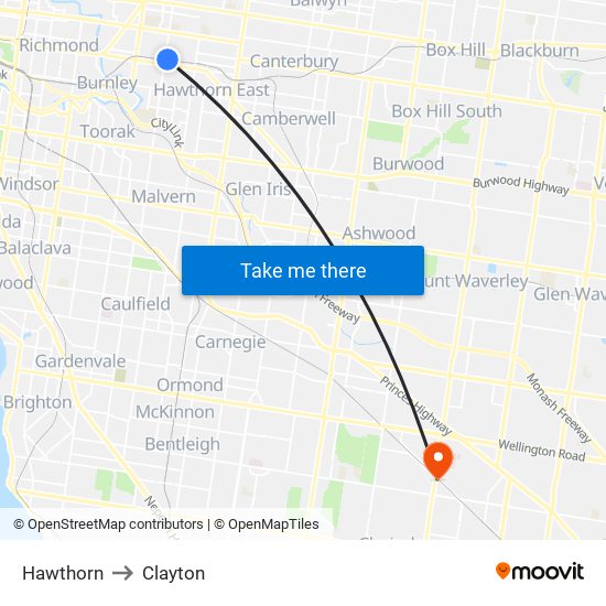 Hawthorn to Clayton map