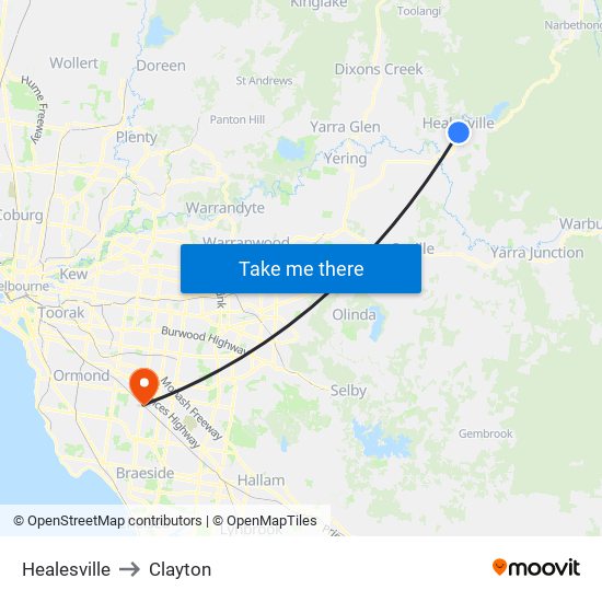 Healesville to Clayton map