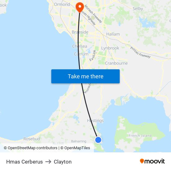 Hmas Cerberus to Clayton map