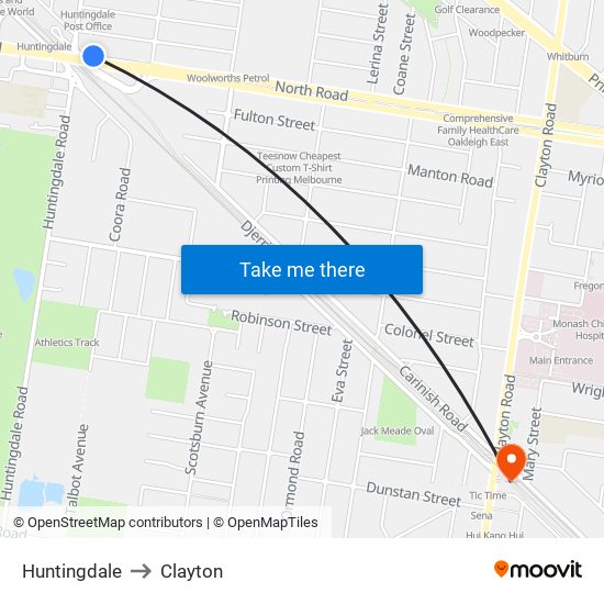 Huntingdale to Clayton map