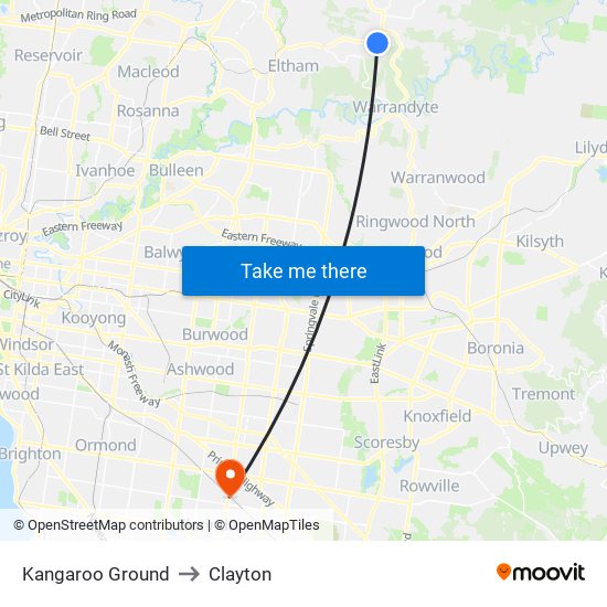 Kangaroo Ground to Clayton map